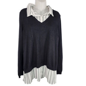 Adrianna Papell Womens Sweater Shirt XL Black Striped Layered Twofer Pullover
